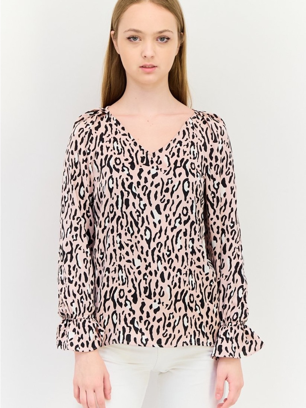 Bar III Pink and Black Leopard Print V-Neck Blouse